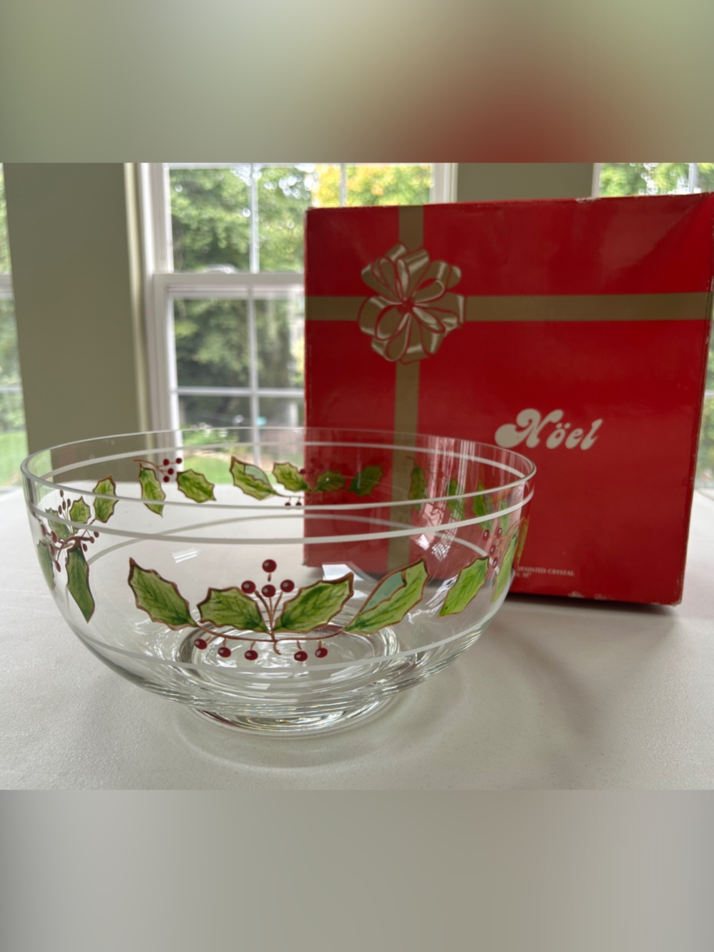80s vintage Holiday Handpainted Crystal Serving Bowl - Green Holly & Red Berries